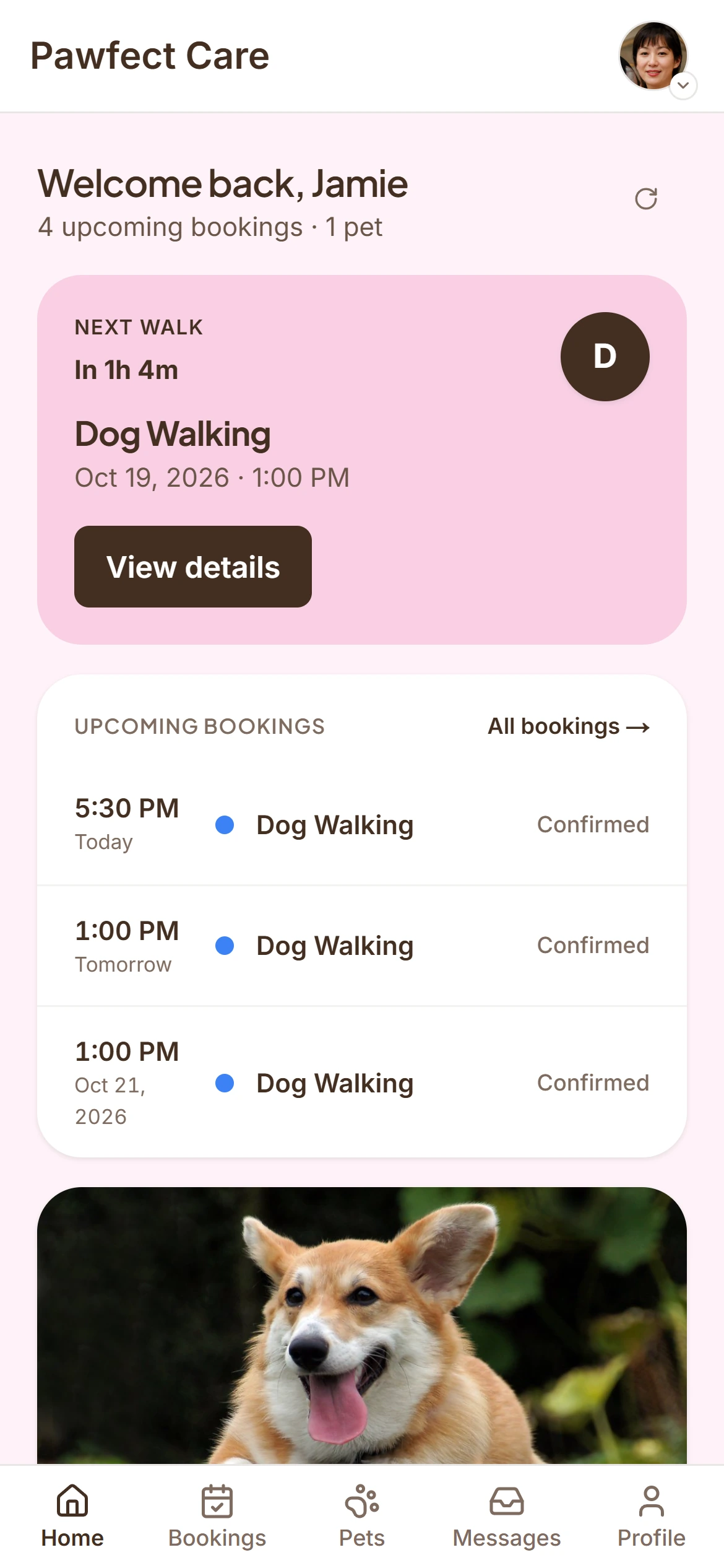 The Sitterly client view on a phone: the next walk and when it starts, the upcoming bookings, and a photo from the latest report. Demo data.
