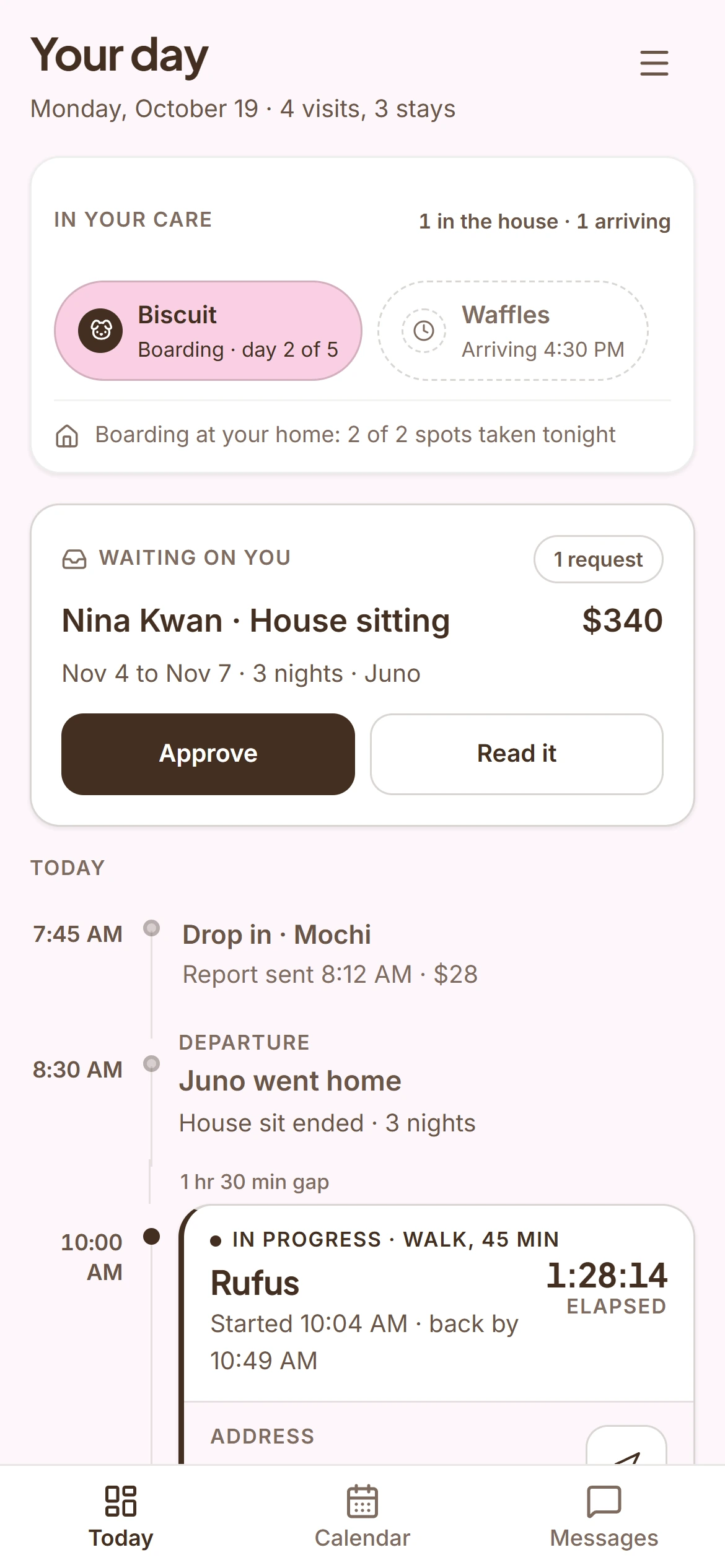 A solo owner’s Your day screen on a phone: pets in your care, a request waiting for approval, and today’s visits in order with the walk in progress. Demo data.